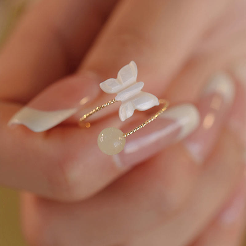 Nimara Ritual 14k Gold Plated Round Hetian Jade Tridacna Stone Peach Blossom Flower Butterfly Prosperity Adjustable Ring