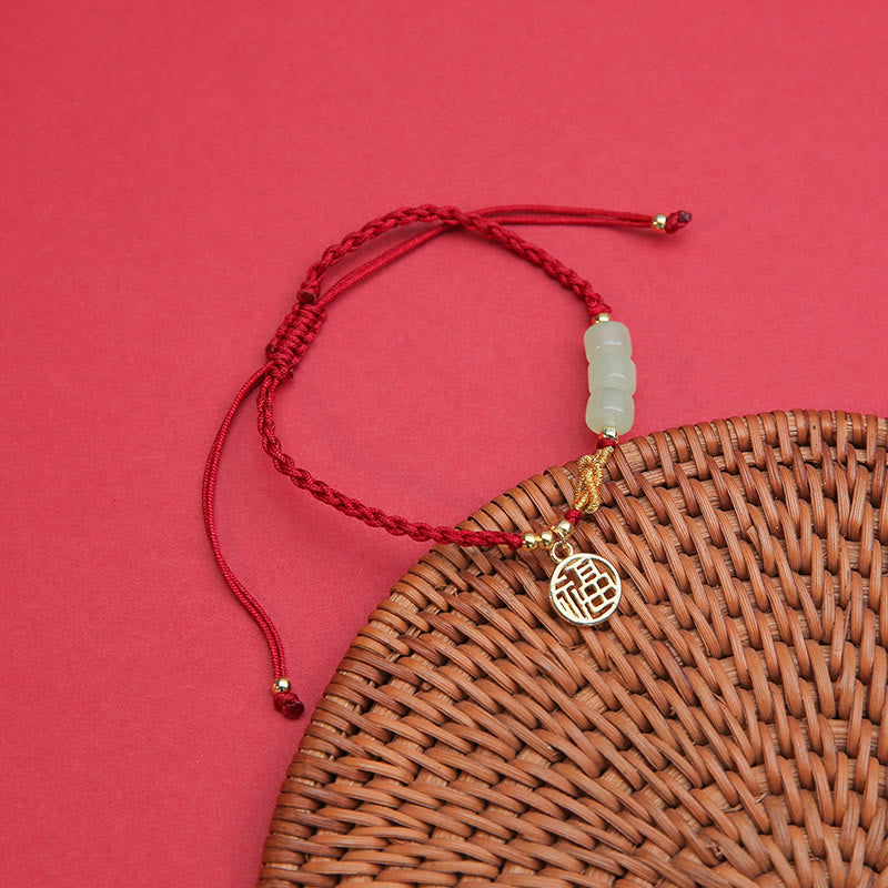 Nimara Ritual Handcrafted Jade Bead Fu Character Charm Luck Red Rope Bracelet