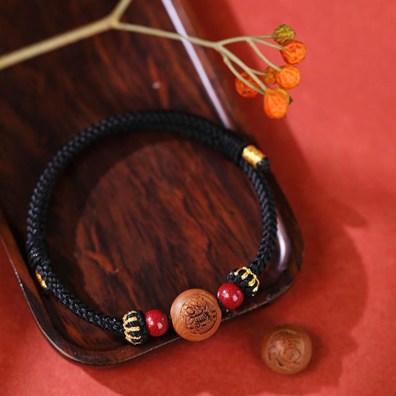 Nimara Ritual Natural Peach Wood Chinese Zodiac Fu Character Carved Cinnabar Wealth Bracelet