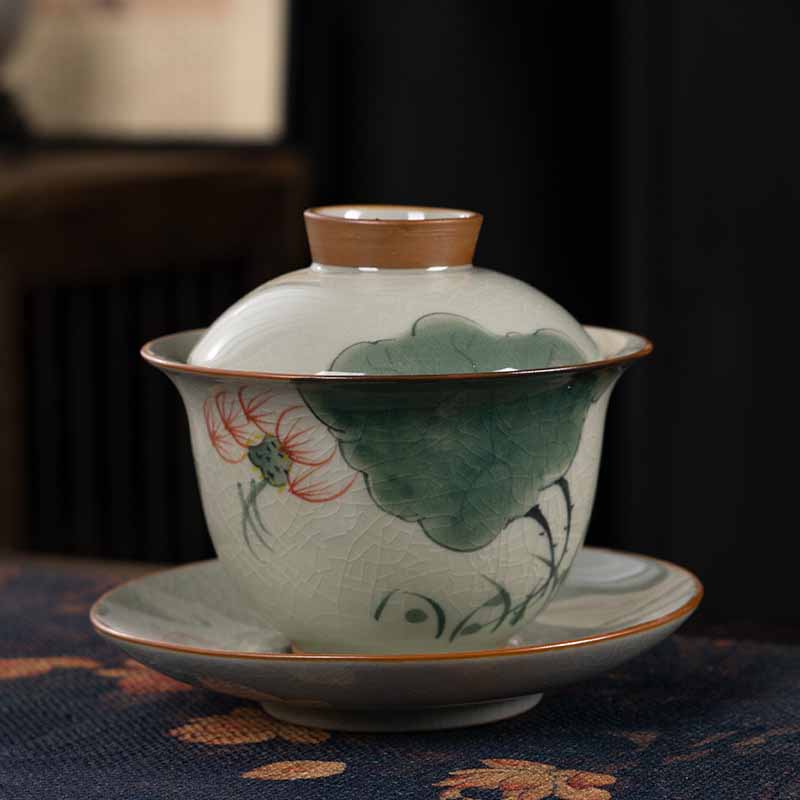 Nimara Ritual Lotus Koi Fish Pod Leaf Ceramic Gaiwan Sancai Teacup Kung Fu Tea Cup And Saucer With Lid 140ml