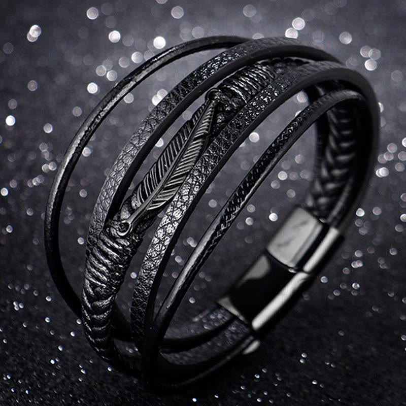 Nimara Ritual Feather Pattern Multilayer Leather Titanium Steel Calm Braided Magnetic Buckle Bracelet