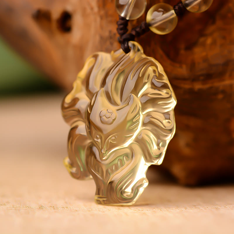 Nimara Ritual Natural Amethyst White Crystal Citrine Nine Tailed Fox Luck Necklace Pendant