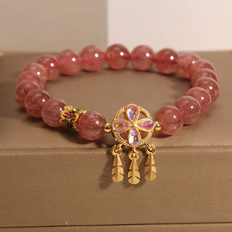 Nimara Ritual Natural Strawberry Quartz Four Leaf Clover Dreamcatcher Charm Love Bracelet