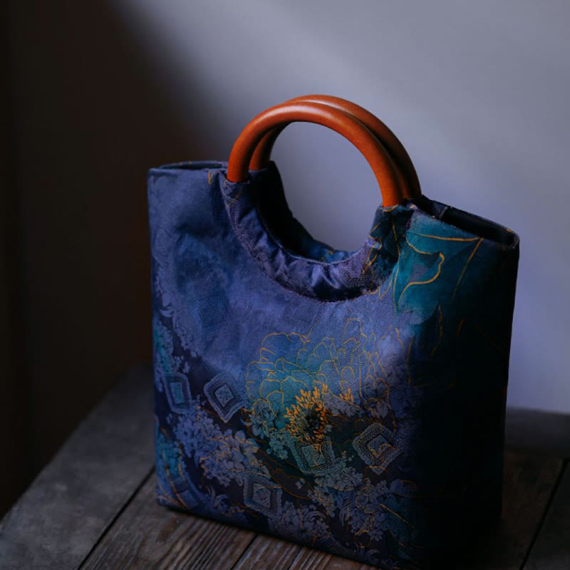 Nimara Ritual Peony Flower Bamboo Leaves Bird Solid Wood Handle Handbag