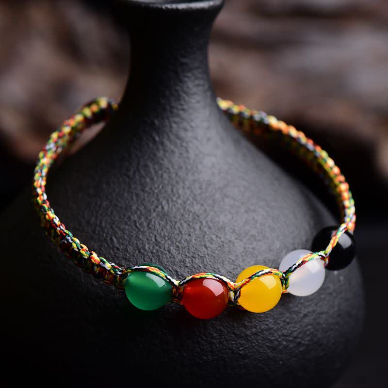 Nimara Ritual Colorful Agate Metal Wood Water Fire Earth Five Elements String Bracelet