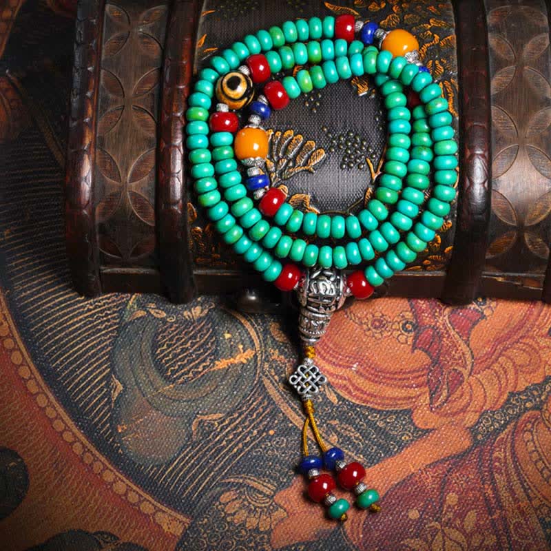 Nimara Ritual 108 Mala Beads Tibetan Turquoise Dzi Bead Protection Bracelet