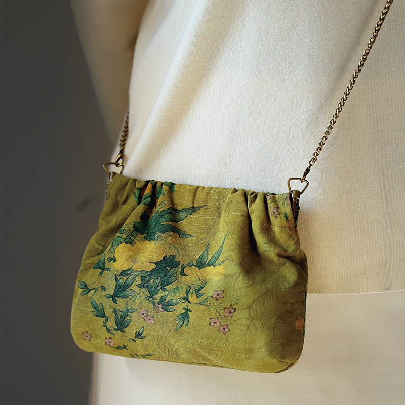 Nimara Ritual Yellow Green Flower Black Persimmon Metal Chain Crossbody Bag Shoulder Bag Handbag
