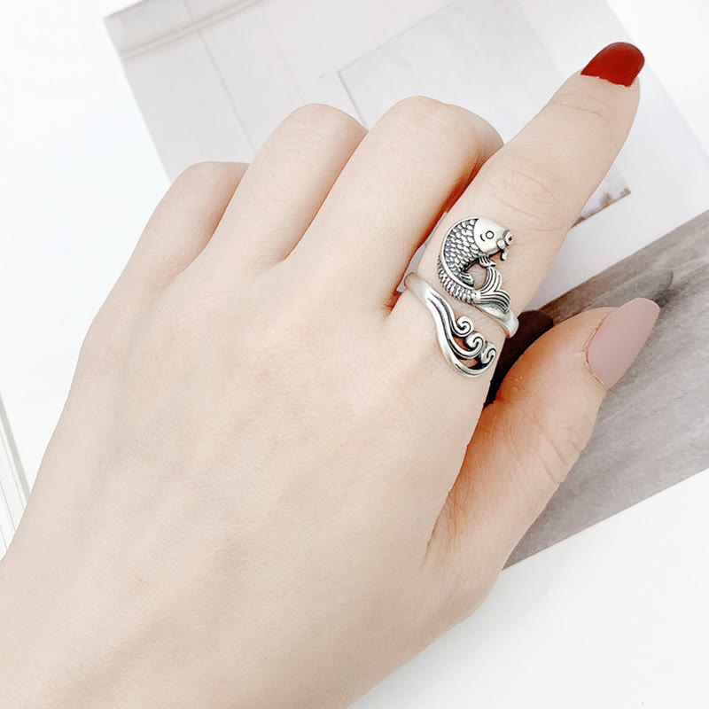 Nimara Ritual 925 Sterling Silver Koi Fish Water Ripple Luck Wealth Ring