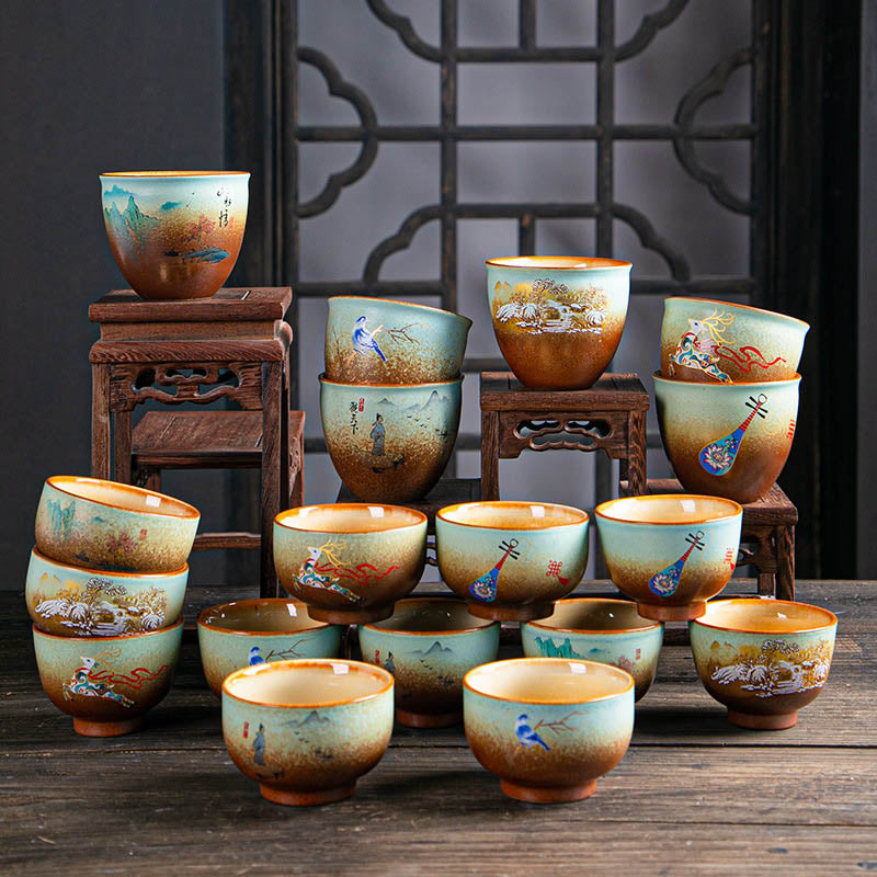 Nimara Ritual Colorful Deer Pipa Snow Plum Blossoms Mountains Rivers Bird Ceramic Teacup Kung Fu Tea Cup Bowl