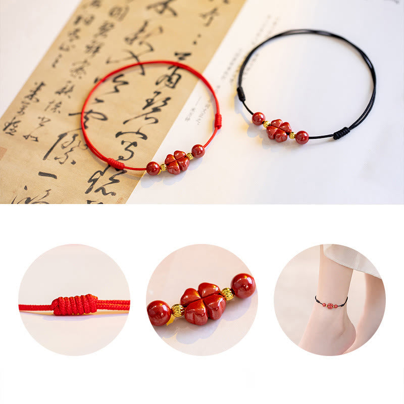 Nimara Ritual Four Leaf Clover Cinnabar Blessing Calm String Bracelet Anklet