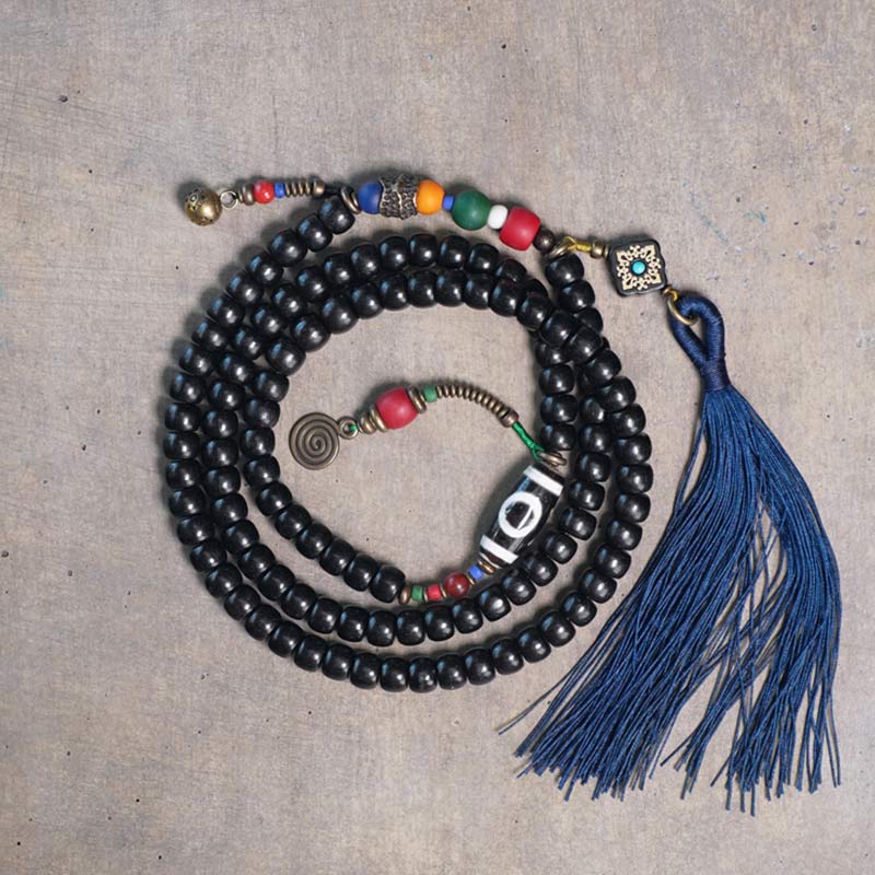 Nimara Ritual 108 Beads Mala Ebony Wood Dzi Bead Copper Balance Tassel Bracelet