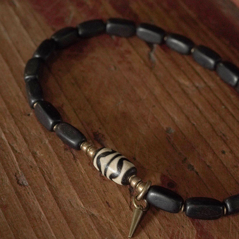 Nimara Ritual Tibet Ebony Wood Dzi Bead Copper Balance Double Wrap Bracelet