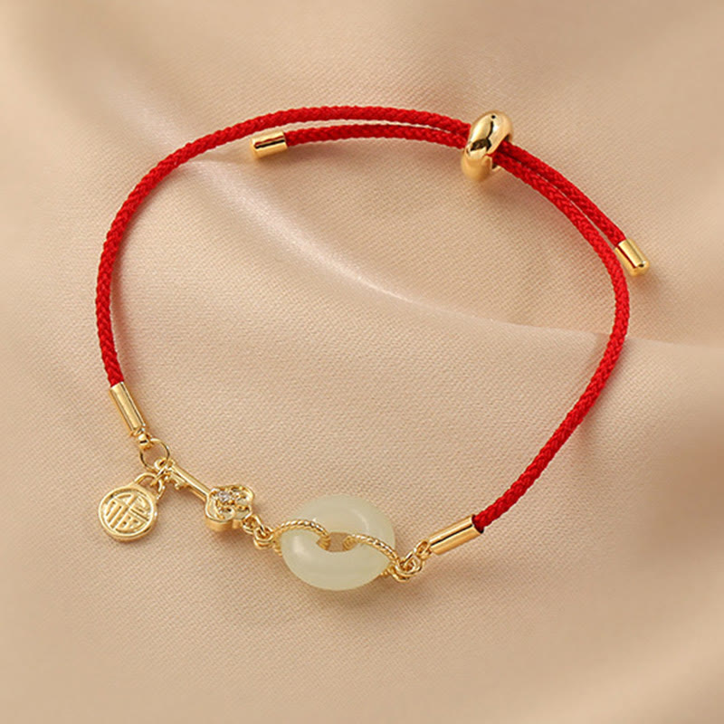 Nimara Ritual 18K Gold Plated Hetian Jade Peace Buckle Fu Character Luck Red Rope Bracelet