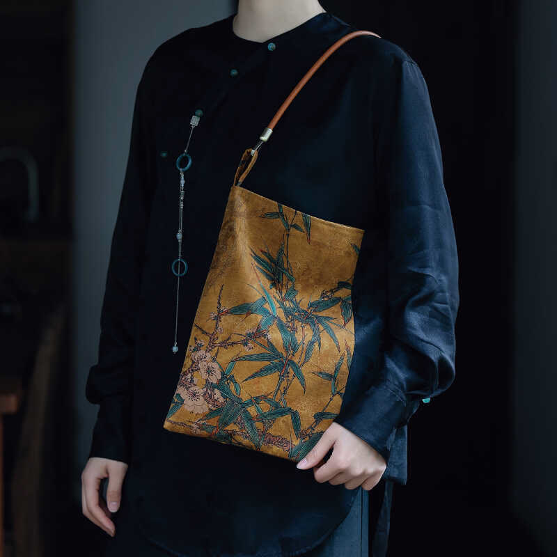 Nimara Ritual Bamboo Leaves Flower Butterfly Persimmon Shoulder Bag Handbag