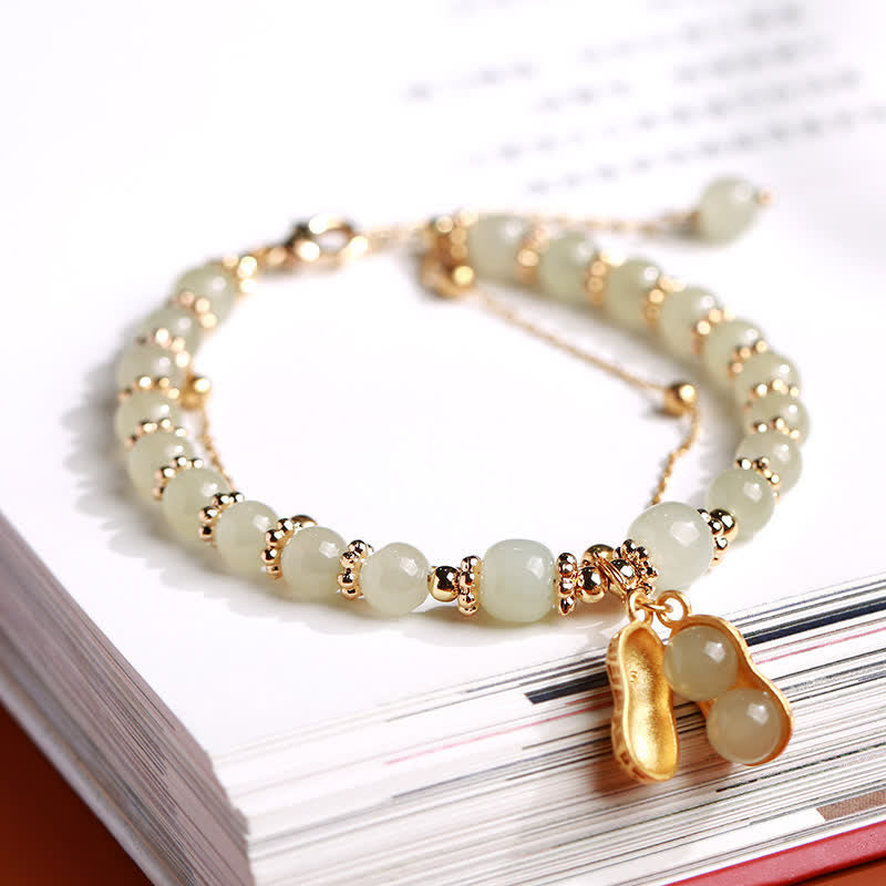 Nimara Ritual 925 Sterling Silver Natural Hetian Jade Good Things Happen Peanut Charm Bracelet