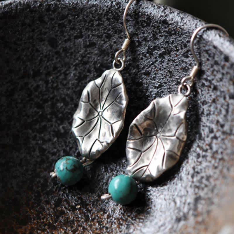 Nimara Ritual 925 Sterling Silver Turquoise Lotus Leaf Protection Drop Dangle Earrings
