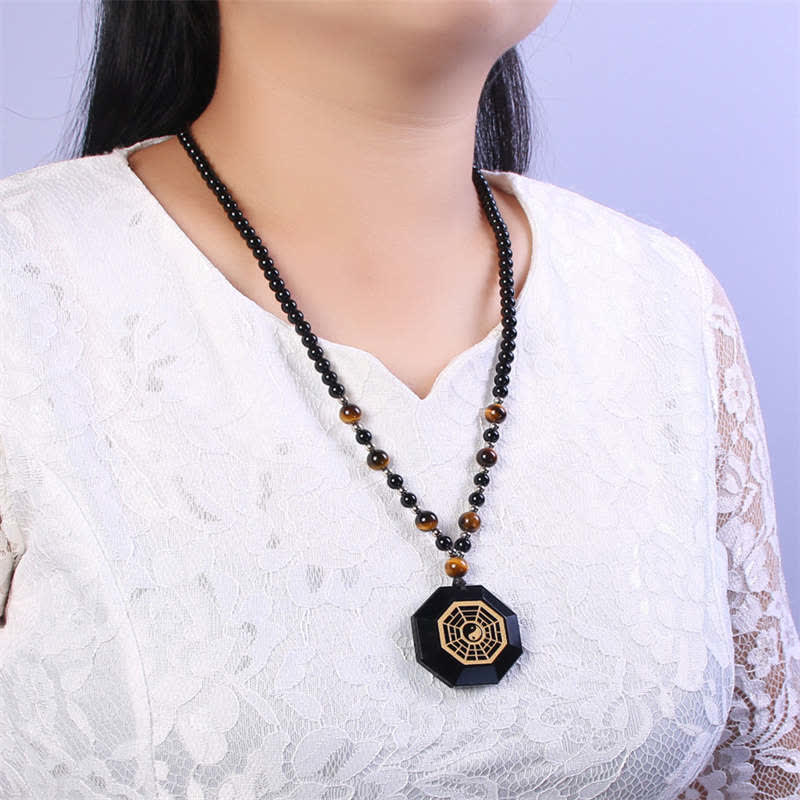 Nimara Ritual Bagua Yin Yang Black Obsidian Purification Beaded Necklace Pendant