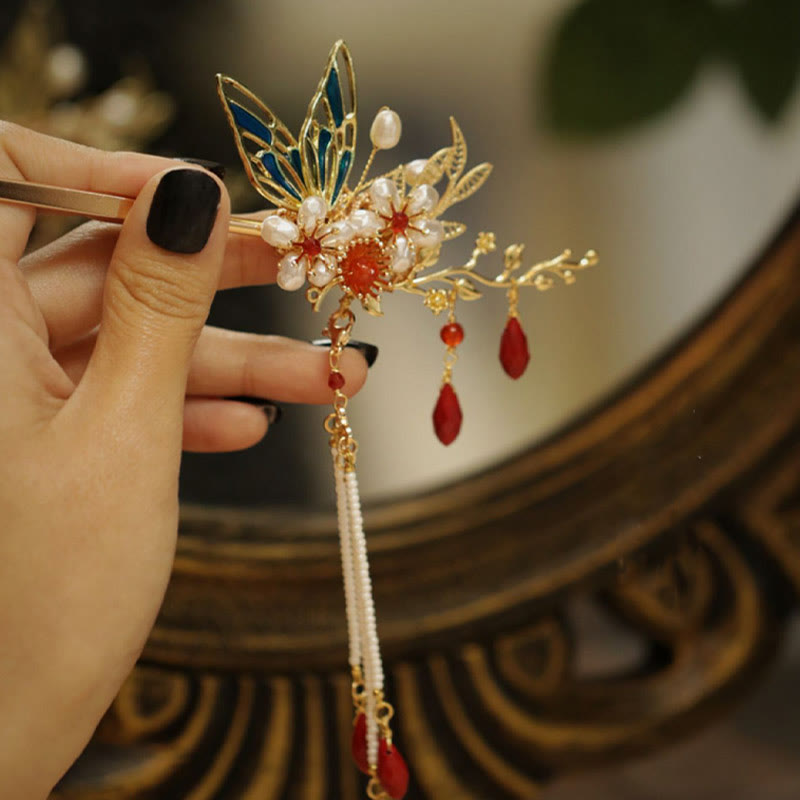 Nimara Ritual Classical Chinese Style Flower Branche Butterfly Pearl Tassel Hair Clip Hair Comb Hair Crown