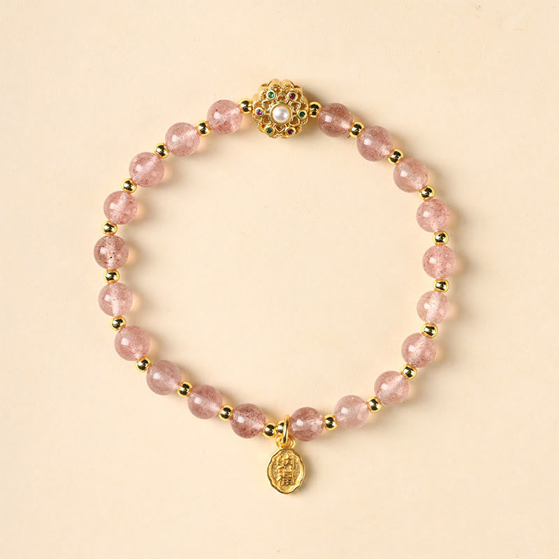 Nimara Ritual 14K Gold Plated Natural Strawberry Quartz Labradorite Sun Stone Fu Character Positive Charm Bracelet