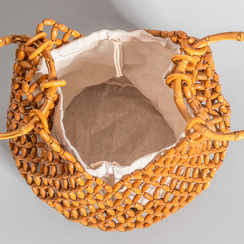 Nimara Ritual Hand-woven Wooden Beads Bamboo Handle Shoulder Bag Handbag