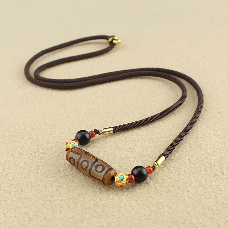 Nimara Ritual Tibetan Nine-Eye Dzi Bead Protection Blessings String Necklace Pendant