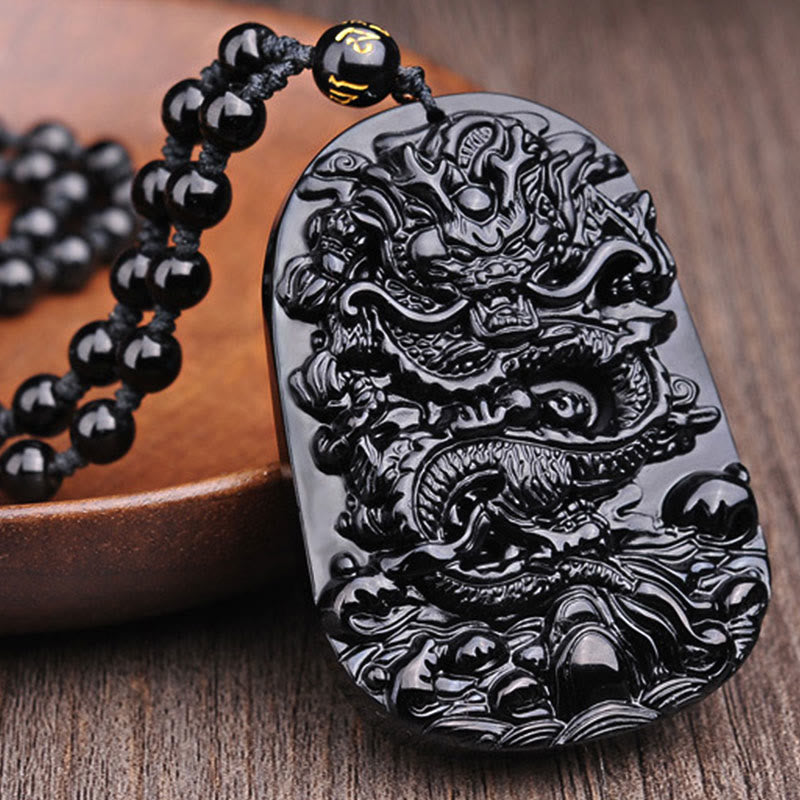 Nimara Ritual Black Obsidian Stone Dragon Fulfilment Pendant Necklace