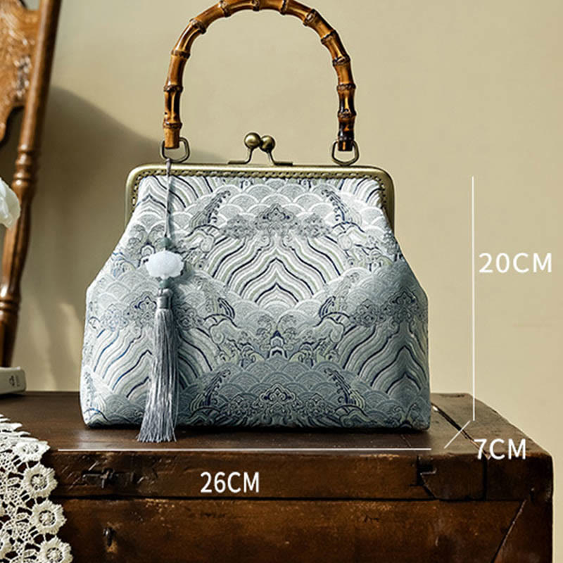 Nimara Ritual Silver Lines Bamboo Handle Metal Chain Crossbody Bag Handbags