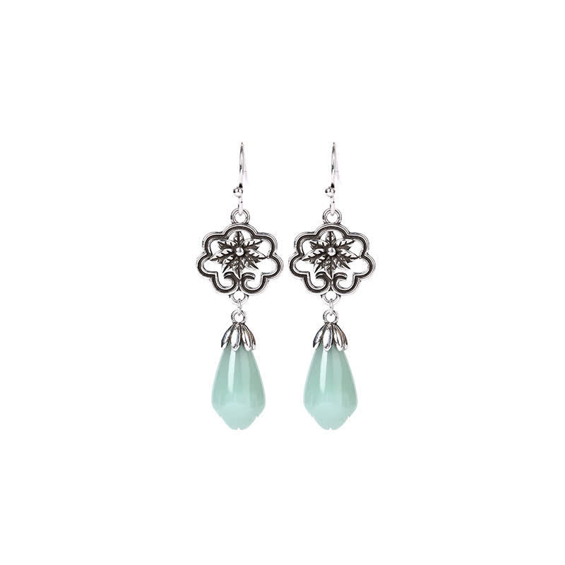 Nimara Ritual Magnolia Flower Jade Water Drop Prosperity Dangle Earrings