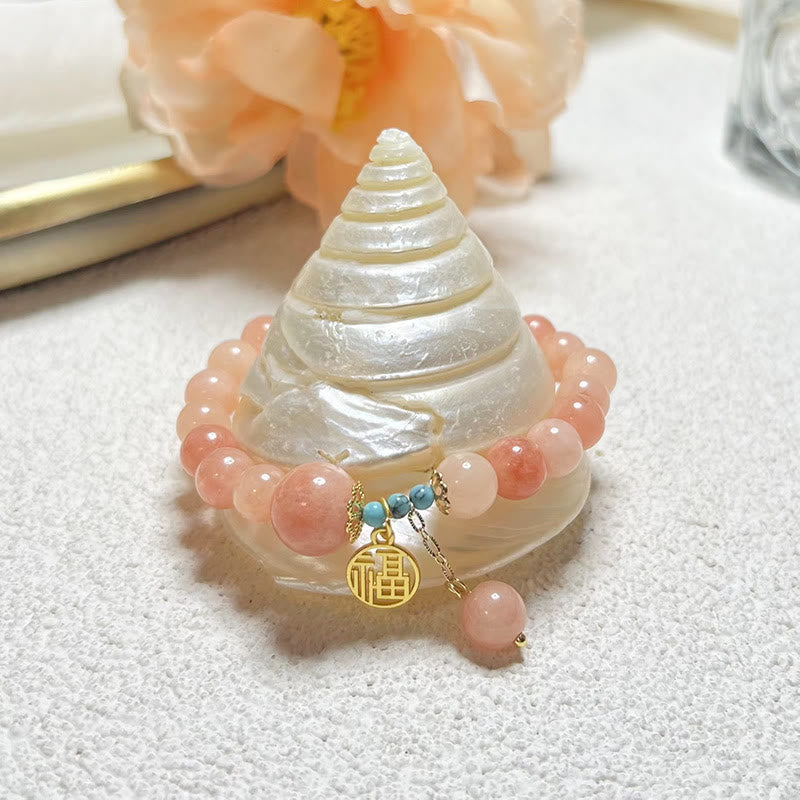 Nimara Ritual Natural Orange Stone Turquoise Fu Character Charm Luck Fortune Bracelet