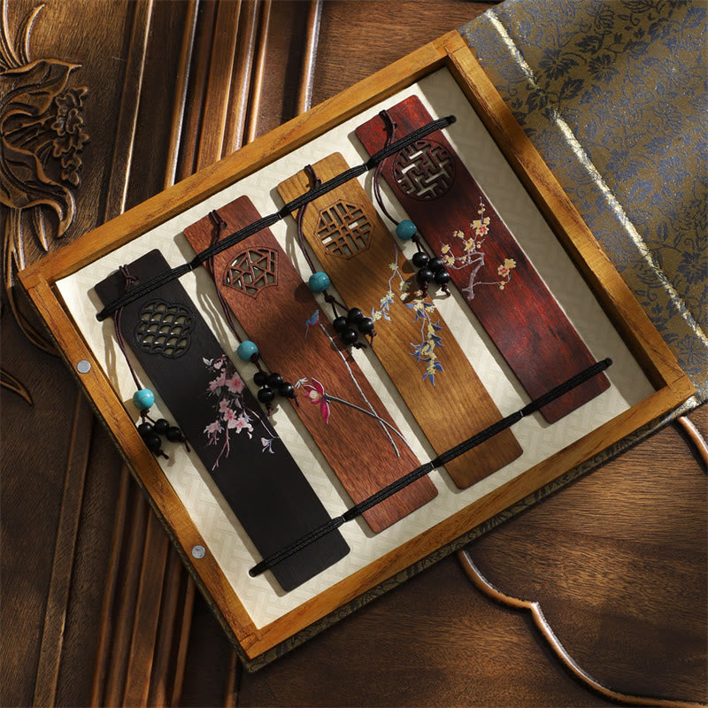 Nimara Ritual 4Pcs Four Seasons Plum Orchid Bamboo Chrysanthemum Peking Opera Mask Wood Bookmarks With Gift Box