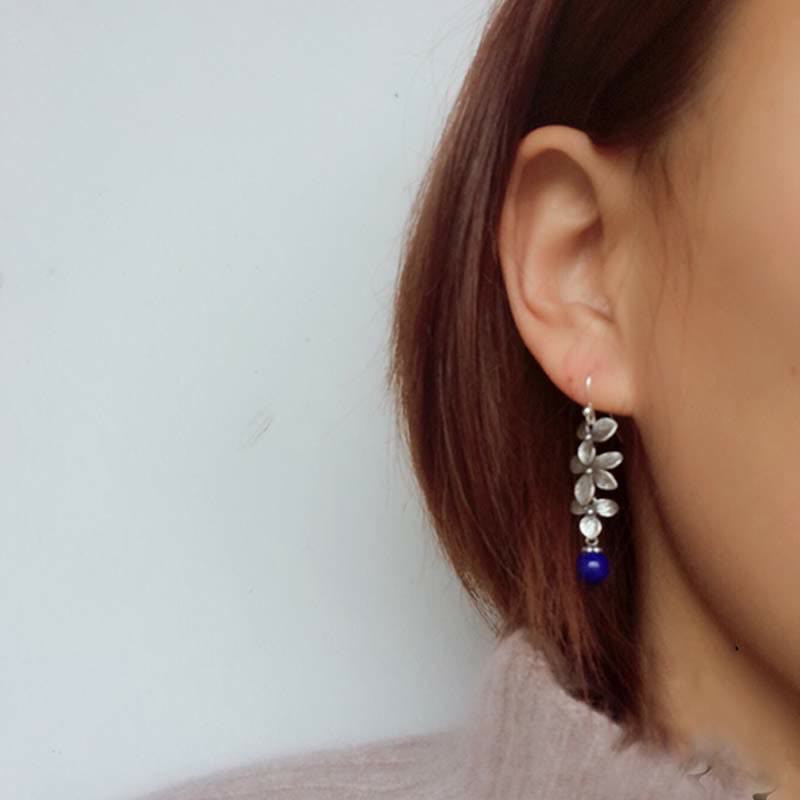 Nimara Ritual 925 Sterling Silver Turquoise Lazurite Flower Leaf Serenity Protection Hook Drop Dangle Earrings