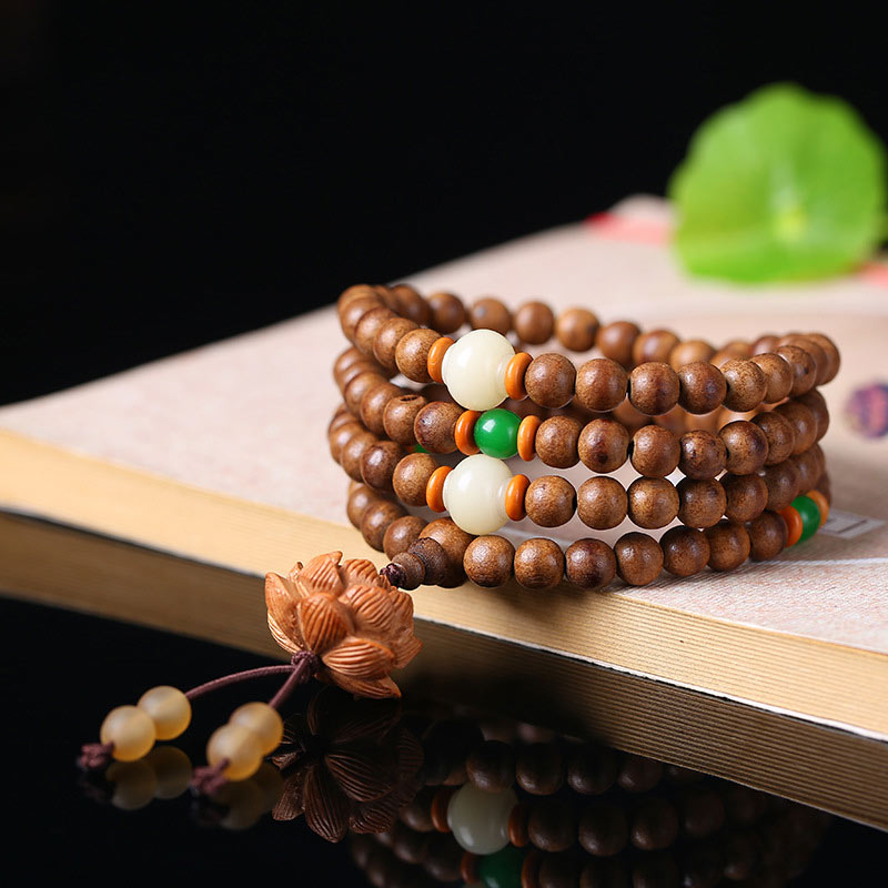 Nimara Ritual 108 Mala Beads Peach Wood Bodhi Seed Lotus Prayer Meditation Bracelet