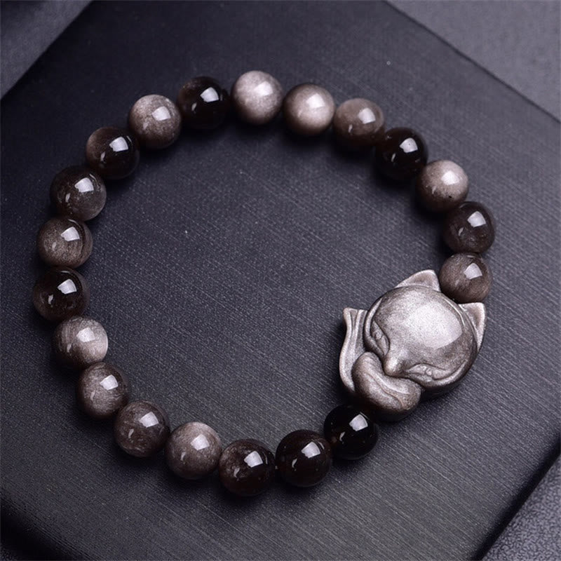 Nimara Ritual Natural Silver Sheen Obsidian Fox Protection Bracelet