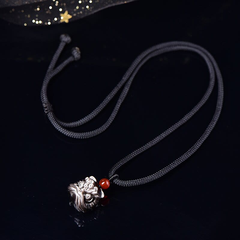 Nimara Ritual Natural Silver Sheen Obsidian Dancing Lion Protection Necklace Pendant