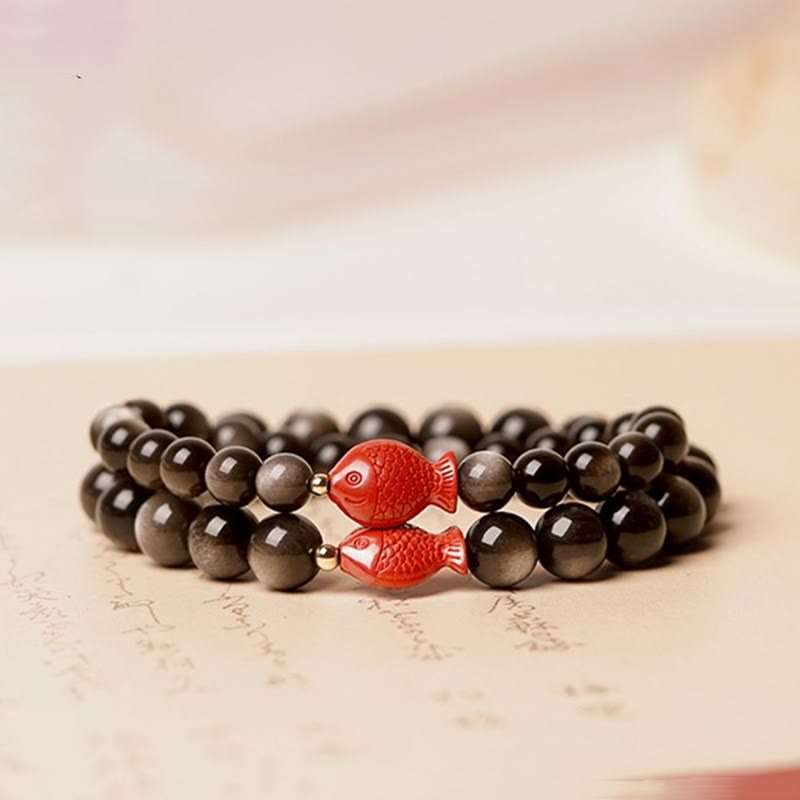 Nimara Ritual Natural Silver Sheen Obsidian Cinnabar Koi Fish Soothing Protection Bracelet