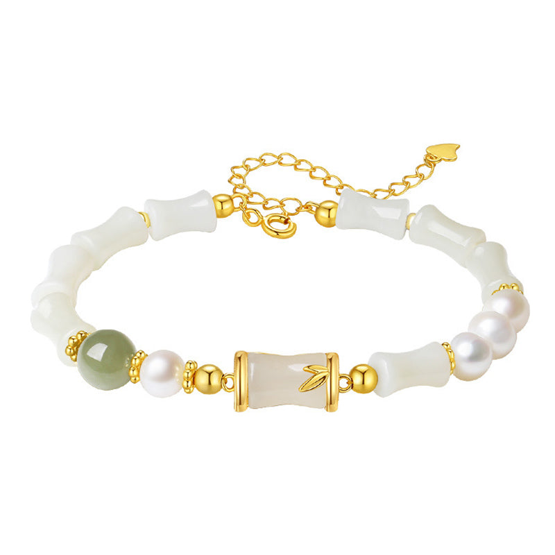Nimara Ritual 925 Sterling Silver Natural Hetian White Jade Bamboo Luck Blessing Bracelet