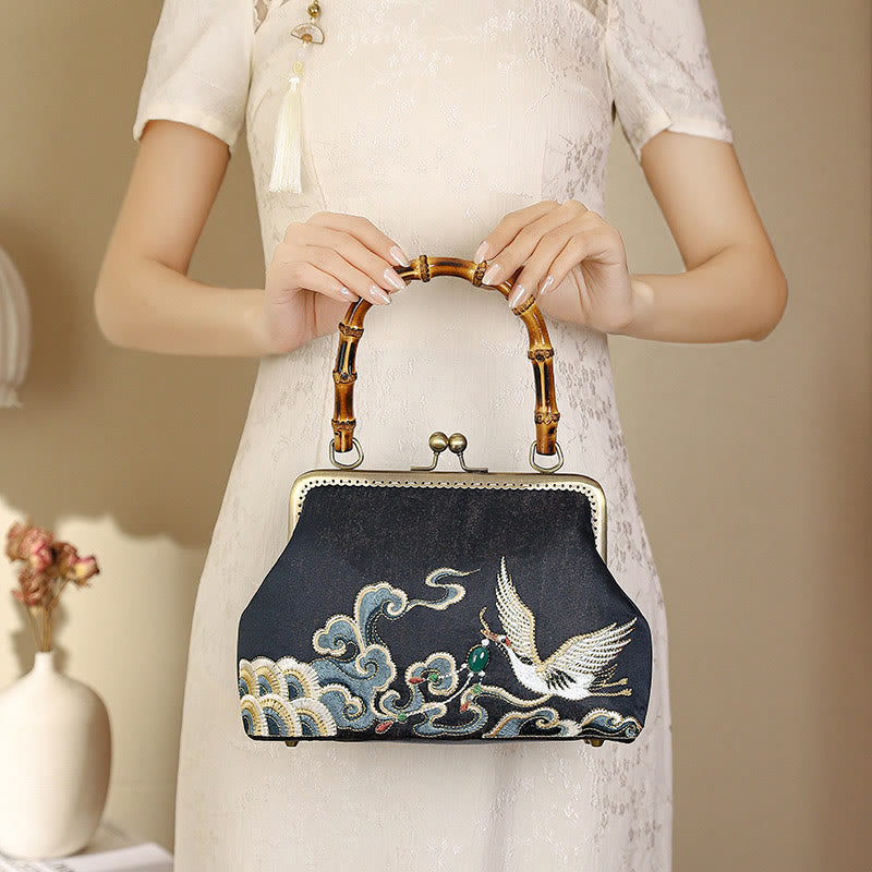 Nimara Ritual Auspicious Clouds Cranes Embroidery Bamboo Handle Handbag Crossbody Bag