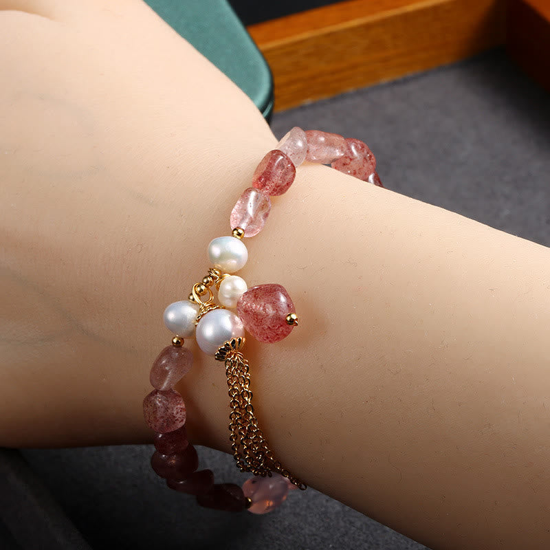 Nimara Ritual Natural Strawberry Quartz Pearl 14k Gold Plated Love Healing Bracelet