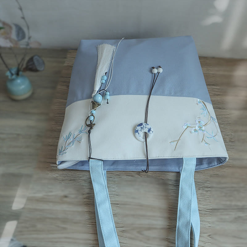 Nimara Ritual Pear Flower Plum Peach Blossom Bamboo Embroidery Canvas Large Capacity Shoulder Bag Tote Bag