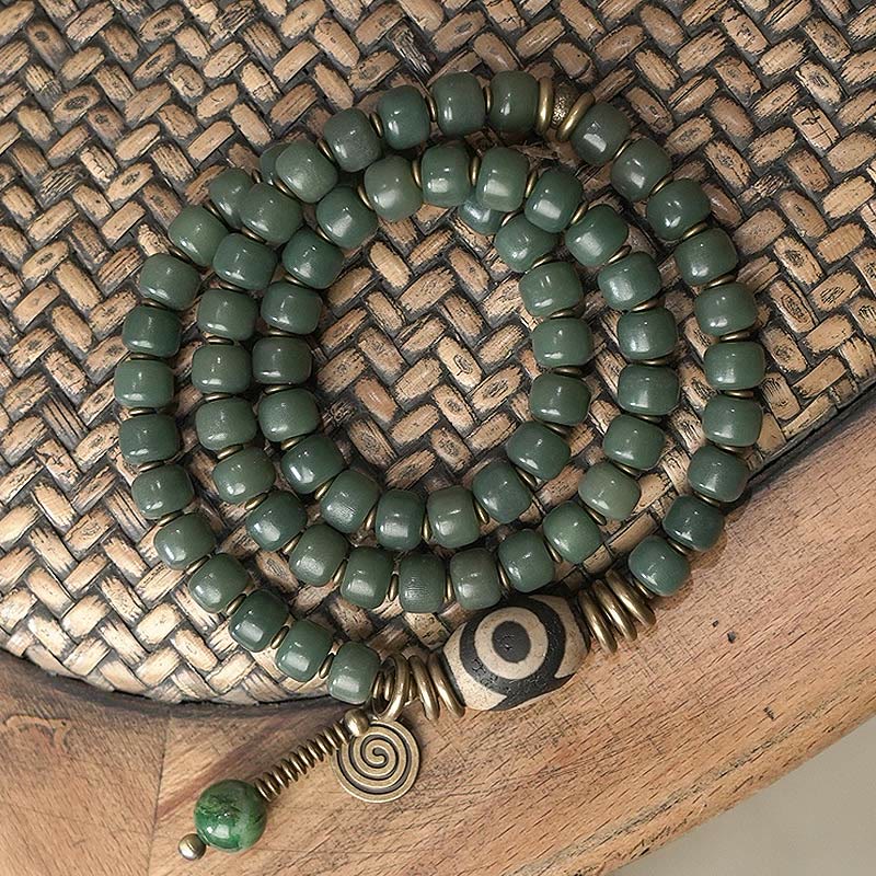Nimara Ritual Cyan Bodhi Seed Dzi Bead Wisdom Peace Triple Wrap Bracelet