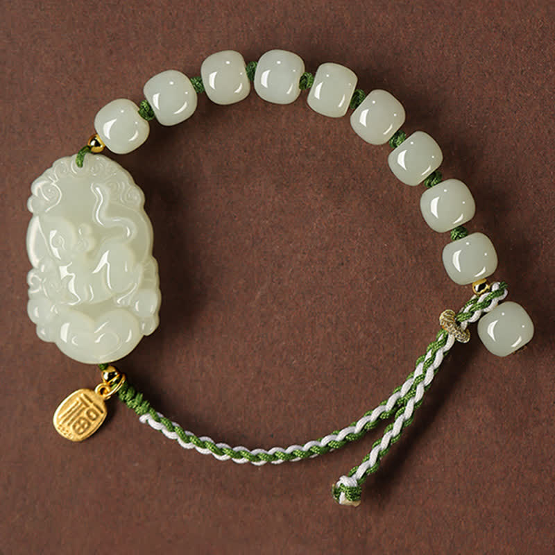 Nimara Ritual 925 Sterling Silver Chinese Zodiac Hetian Jade Happiness Luck String Bracelet