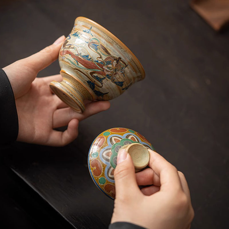 Nimara Ritual Dunhuang Flying Apsaras Ceramic Gaiwan Sancai Teacup Kung Fu Tea Cup With Lid