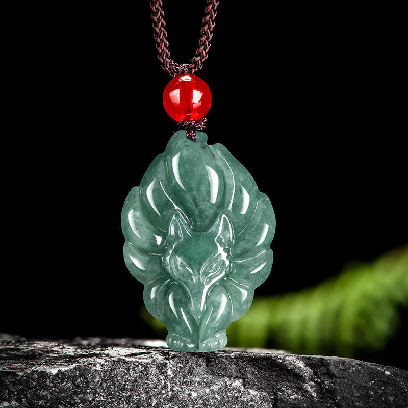 Nimara Ritual Natural Green Jade Nine Tailed Fox Luck Necklace Pendant