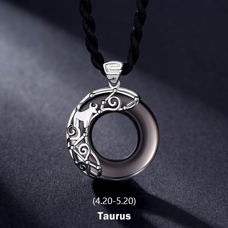 Nimara Ritual 12 Constellations of the Zodiac Ice Obsidian Blessing Round Pendant Necklace