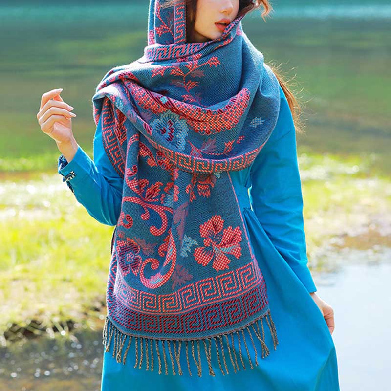 Nimara Ritual Tibetan Flowers Leaves Pattern Design Shawl Cozy Travel Scarf Wrap