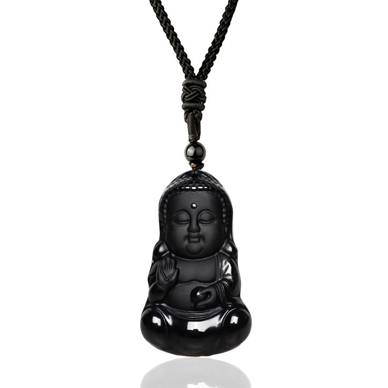 Nimara Ritual Natural Black Obsidian Crystal Buddha Strength Protection Amulet Lucky Charm Pendant Necklace