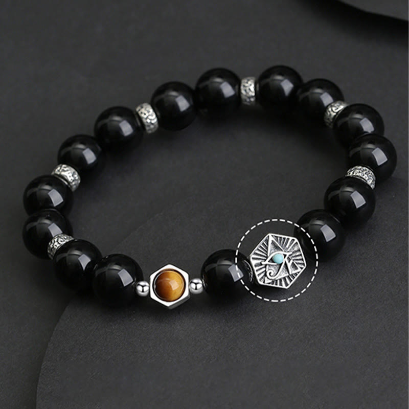 Nimara Ritual 925 Sterling Silver Black Obsidian Tiger Eye Eye of Providence Purification Bracelet