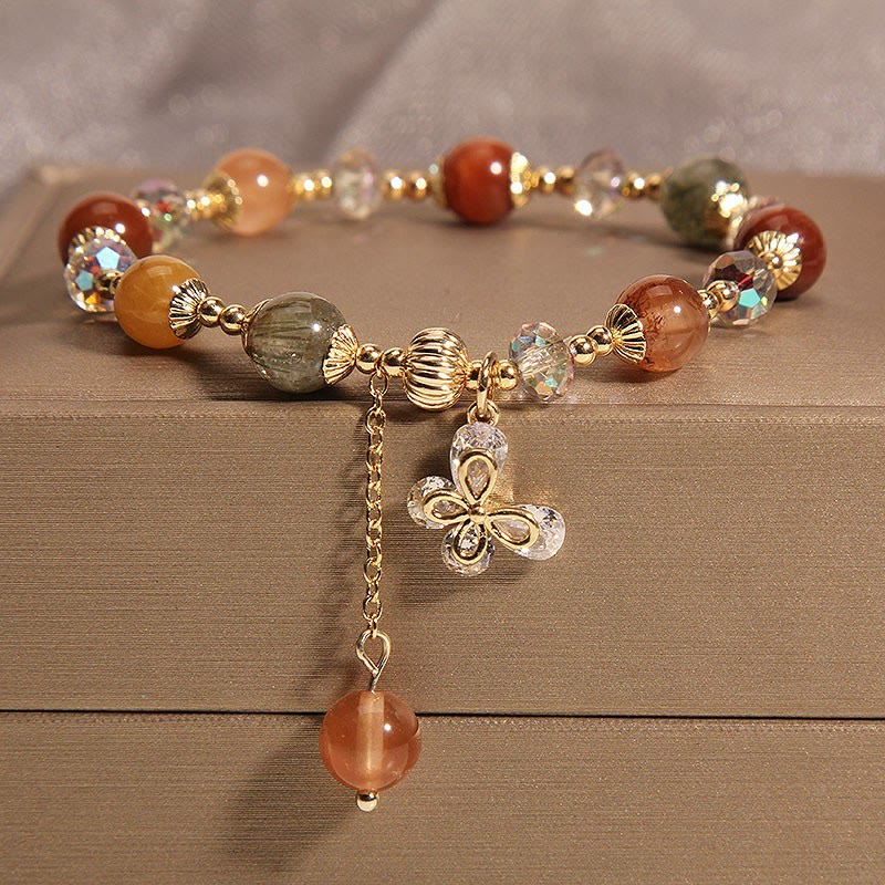 Nimara Ritual Natural Fu Lu Shou Rainbow Crystal Rutilated Quartz Wealth Butterfly Charm Bracelet