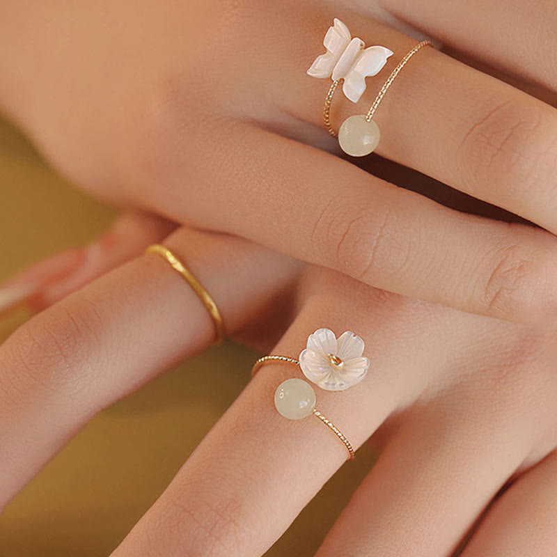 Nimara Ritual 14k Gold Plated Round Hetian Jade Tridacna Stone Peach Blossom Flower Butterfly Prosperity Adjustable Ring