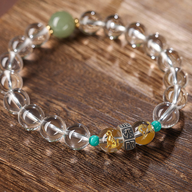 Nimara Ritual 925 Sterling Silver Chinese Zodiac Natal Buddha Auspicious Groups White Crystal Hetian Jade Healing Bracelet